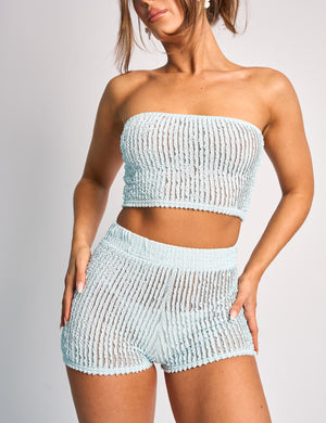 Textured Bandeau Crop Top Co Ord Blue