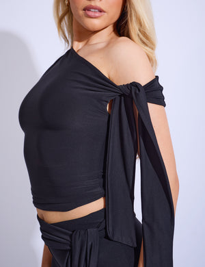 Knot Detail Asymmetric One Shoulder Luxe Slinky Top Black
