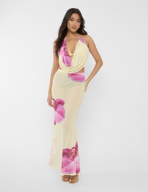 Mesh Printed Floral Cowl Neck Bikini Top Co-ord Yellow