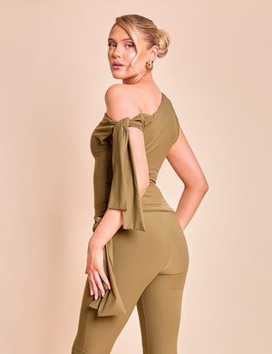 Knot Detail Asymmetric One Shoulder Luxe Slinky Top Khaki