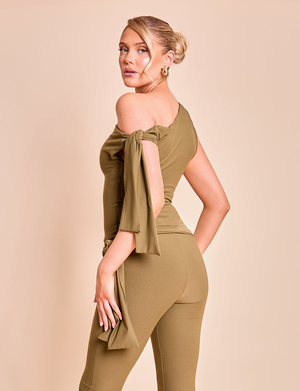 Knot Detail Asymmetric One Shoulder Luxe Slinky Top Khaki
