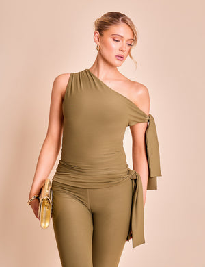 Knot Detail Asymmetric One Shoulder Luxe Slinky Top Khaki