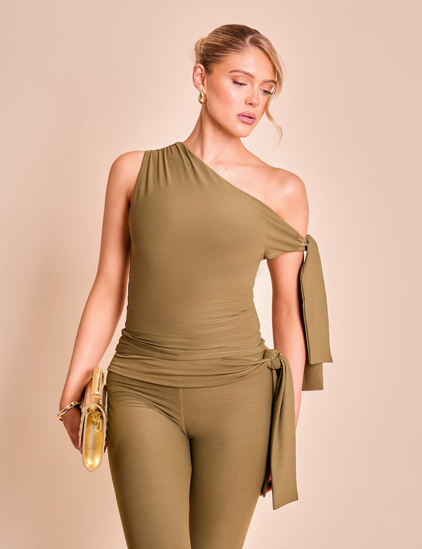 Knot Detail Asymmetric One Shoulder Luxe Slinky Top Khaki