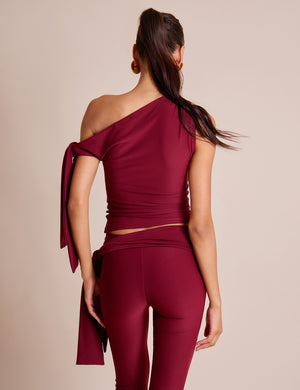 Knot Detail Asymmetric One Shoulder Luxe Slinky Top Burgundy