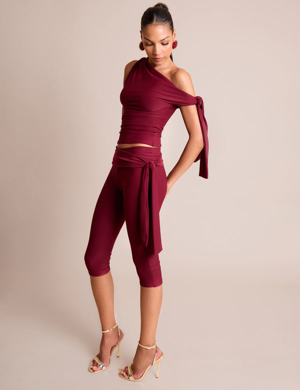 Knot Detail Asymmetric One Shoulder Luxe Slinky Top Burgundy