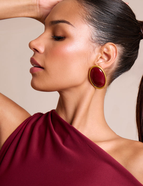 Knot Detail Asymmetric One Shoulder Luxe Slinky Top Burgundy
