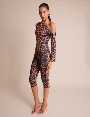 Knot Detail Asymmetric One Shoulder Luxe Slinky Top Leopard