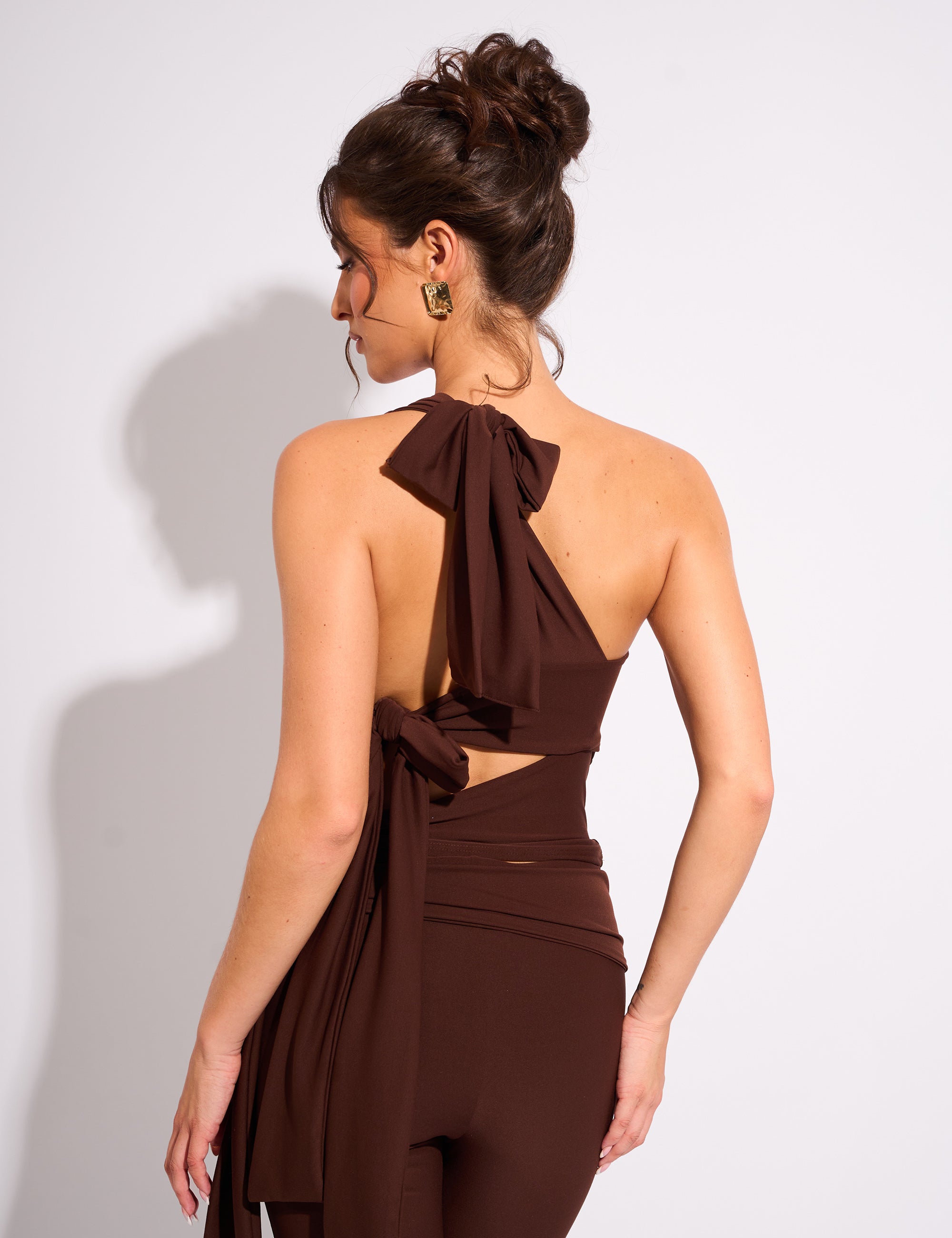 Luxe Slinky Tie Back One Shoulder Top Chocolate | Public Desire