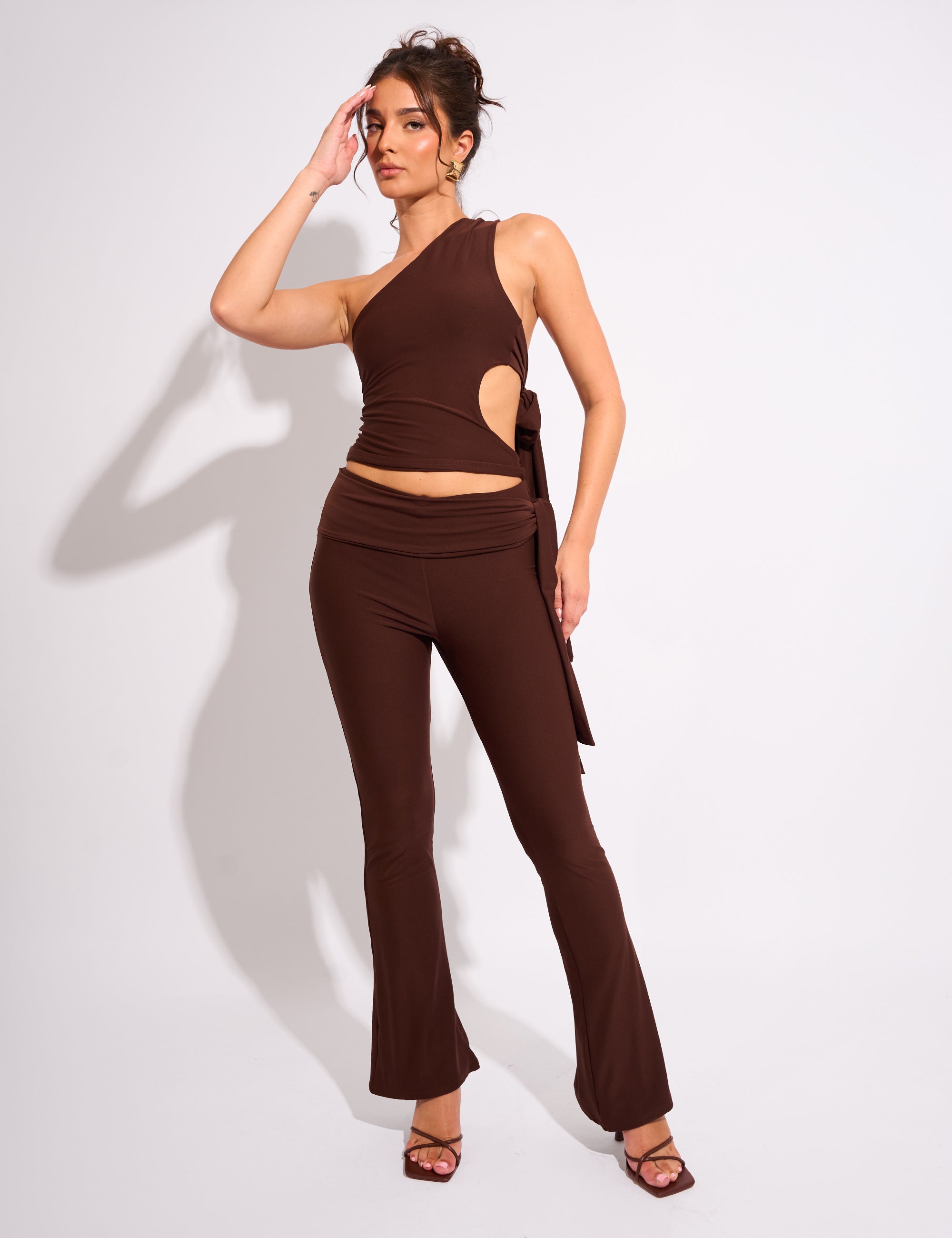 Luxe Slinky Tie Back One Shoulder Top Chocolate | Public Desire