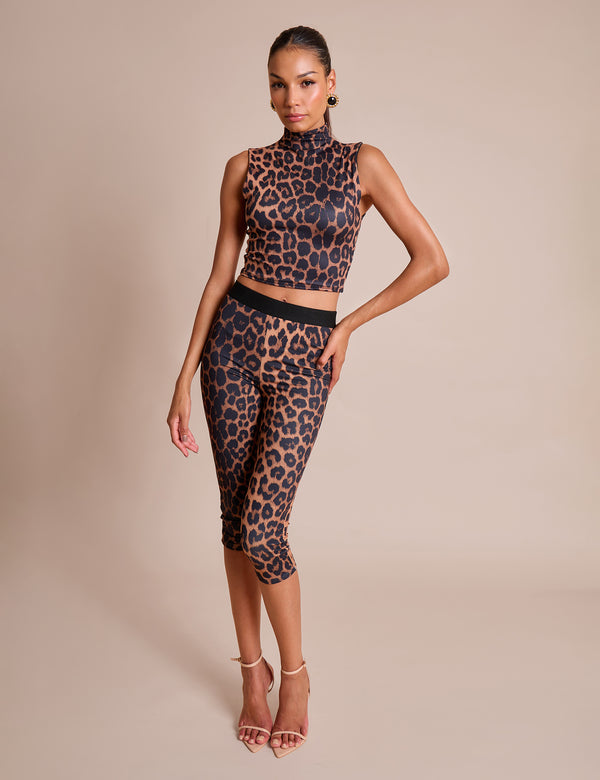 High Neck Luxe Slinky Crop Top Leopard