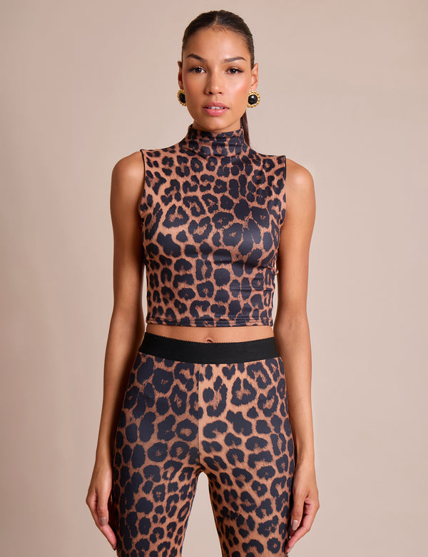 High Neck Luxe Slinky Crop Top Leopard