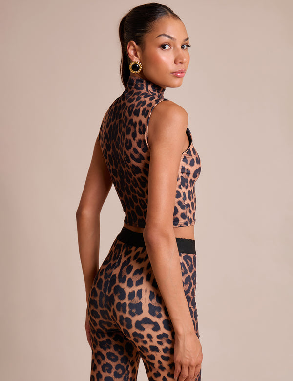 High Neck Luxe Slinky Crop Top Leopard