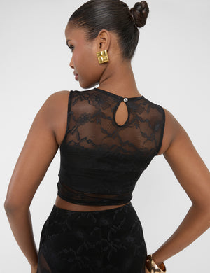 Lace Round Neck Sleeveless Crop Top Black
