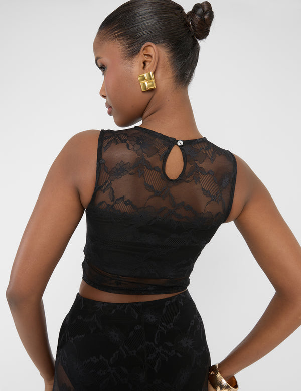 Lace Round Neck Sleeveless Crop Top Black