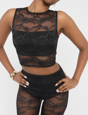 Lace Round Neck Sleeveless Crop Top Black