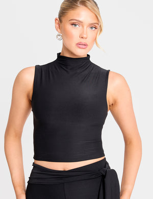 High Neck Luxe Slinky Crop Top Black