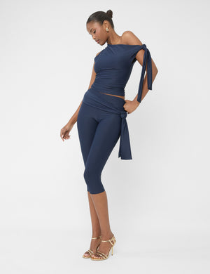 Knot Detail Asymmetric One Shoulder Luxe Slinky Top Navy