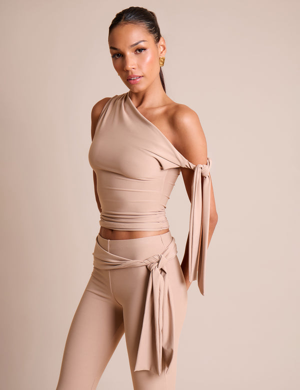Knot Detail Asymmetric One Shoulder Luxe Slinky Top Stone