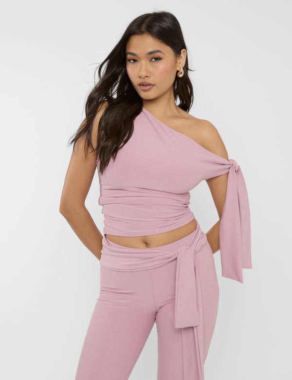 Knot Detail Asymmetric Luxe Slinky One Shoulder Top Mauve