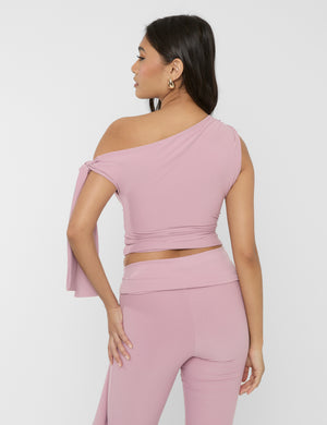 Knot Detail Asymmetric Luxe Slinky One Shoulder Top Mauve