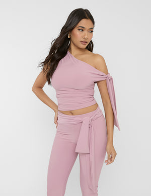 Knot Detail Asymmetric Luxe Slinky One Shoulder Top Mauve