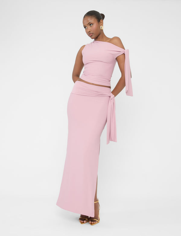Knot Detail Luxe Slinky Maxi Skirt Mauve