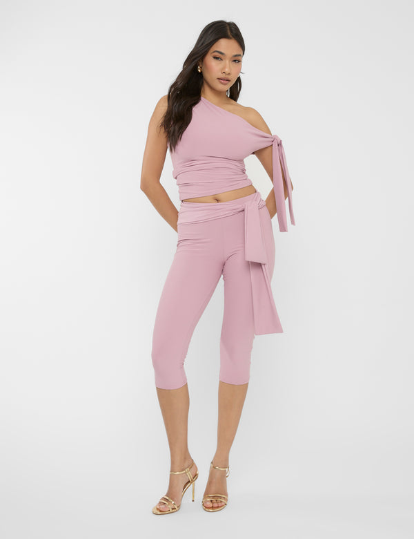 Knot Detail Asymmetric Luxe Slinky One Shoulder Top Mauve