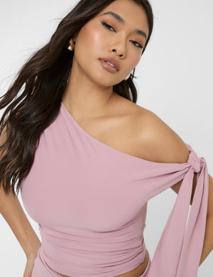 Knot Detail Asymmetric Luxe Slinky One Shoulder Top Mauve