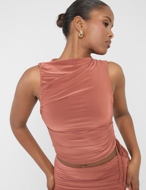 Ruched Detail Slinky High Neck Crop Top Rust