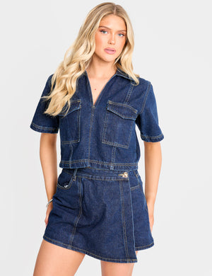 Short Sleeve Denim Boxy Shirt Dark Blue