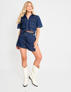 Short Sleeve Denim Boxy Shirt Dark Blue
