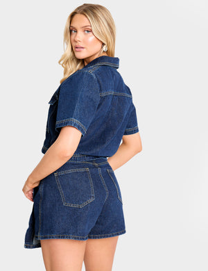 Short Sleeve Denim Boxy Shirt Dark Blue