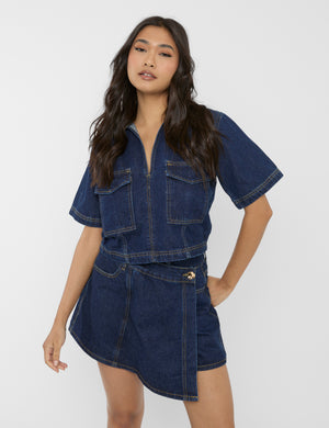 Short Sleeve Denim Boxy Shirt Dark Blue