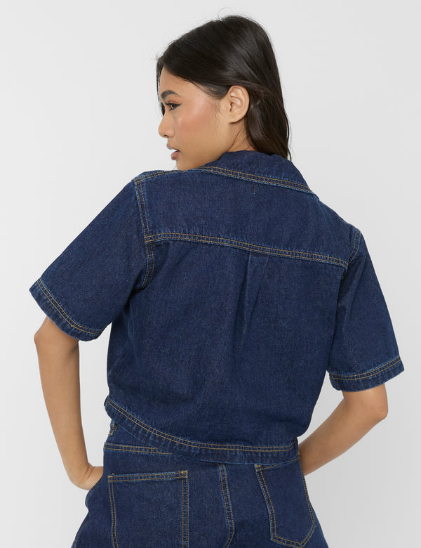 Short Sleeve Denim Boxy Shirt Dark Blue