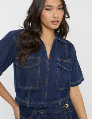 Short Sleeve Denim Boxy Shirt Dark Blue