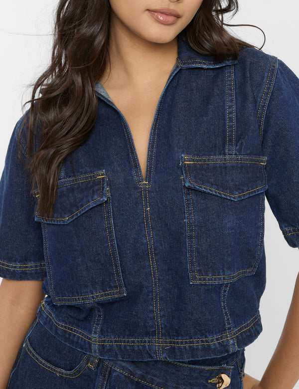 Short Sleeve Denim Boxy Shirt Dark Blue