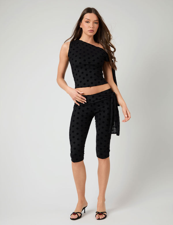 Knot Detail Asymmetric One Shoulder Polka Dot Devore Top Black