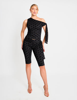 Knot Detail Asymmetric One Shoulder Polka Dot Devore Top Black
