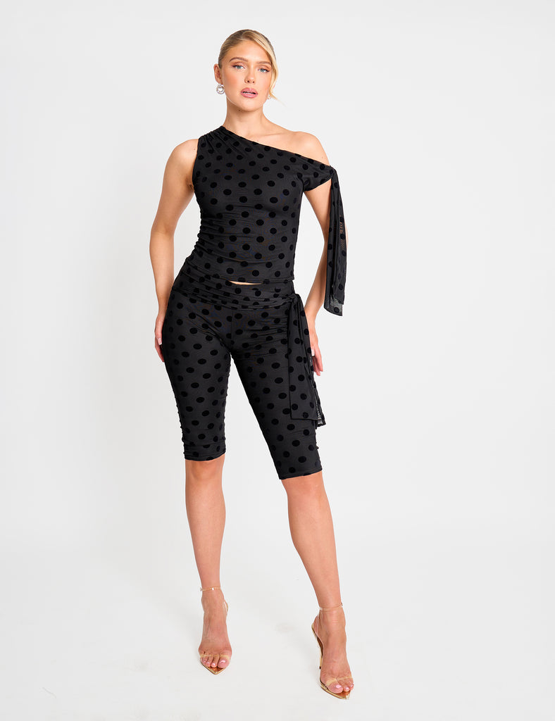 Knot Detail Asymmetric One Shoulder Polka Dot Devore Top Black | Public ...