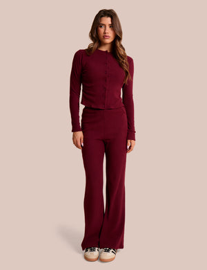 High Waist Rib Wide Leg Trouser Burgundy