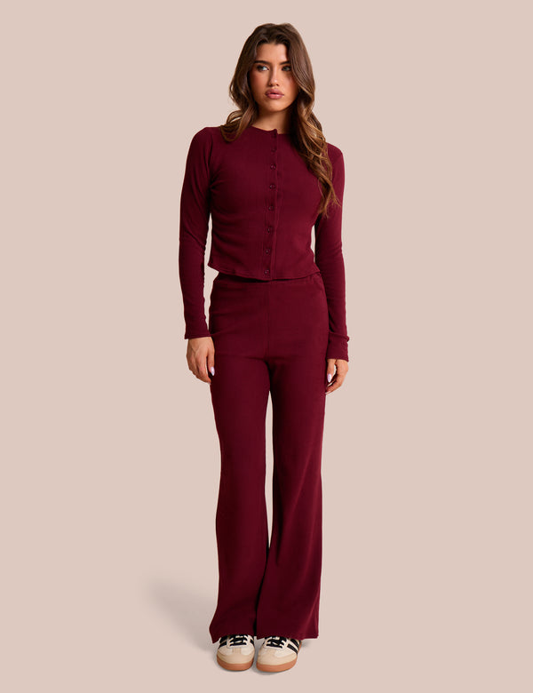 High Waist Rib Wide Leg Trouser Burgundy