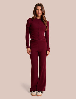 High Waist Rib Wide Leg Trouser Burgundy