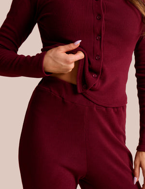 High Waist Rib Wide Leg Trouser Burgundy