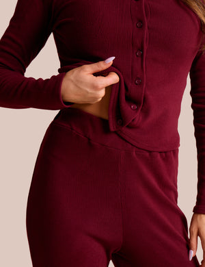 High Waist Rib Wide Leg Trouser Burgundy