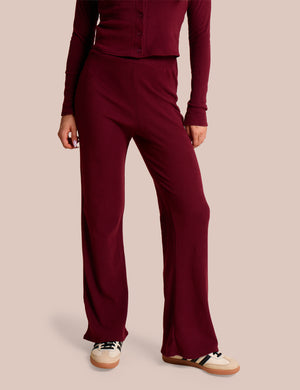 High Waist Rib Wide Leg Trouser Burgundy