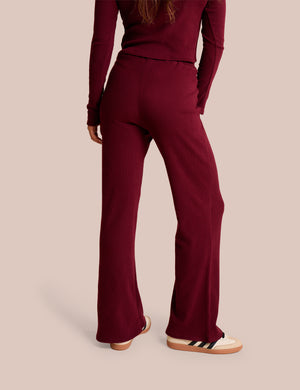High Waist Rib Wide Leg Trouser Burgundy