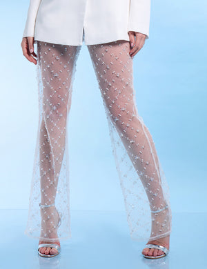 Sheer Embellished Flared Trousers White