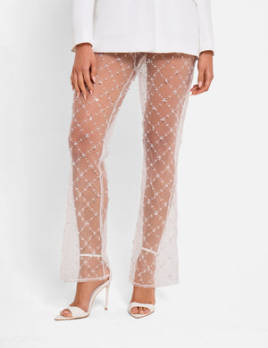 Sheer Embellished Flared Trousers White