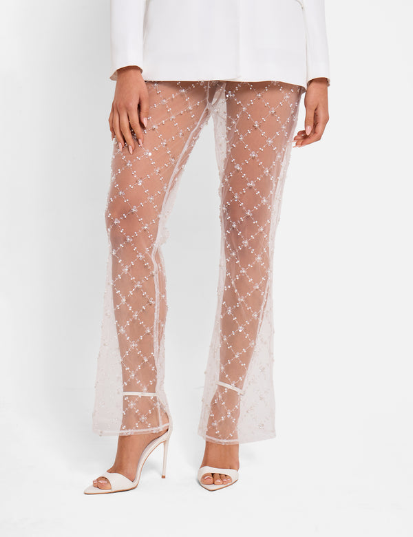 Sheer Embellished Flared Trousers White