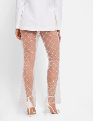 Sheer Embellished Flared Trousers White
